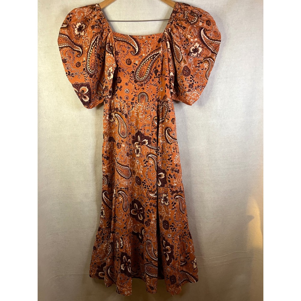 Cleobella Brielle Midi Dress Square Neck Puffed Sleeve Paisley Pocket Sz XL NWOT